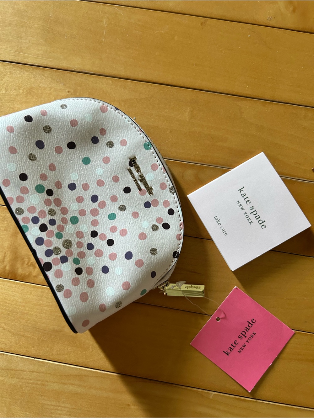 kate spade White Cosmetic Pouch with Multi Pastel Polka Dots